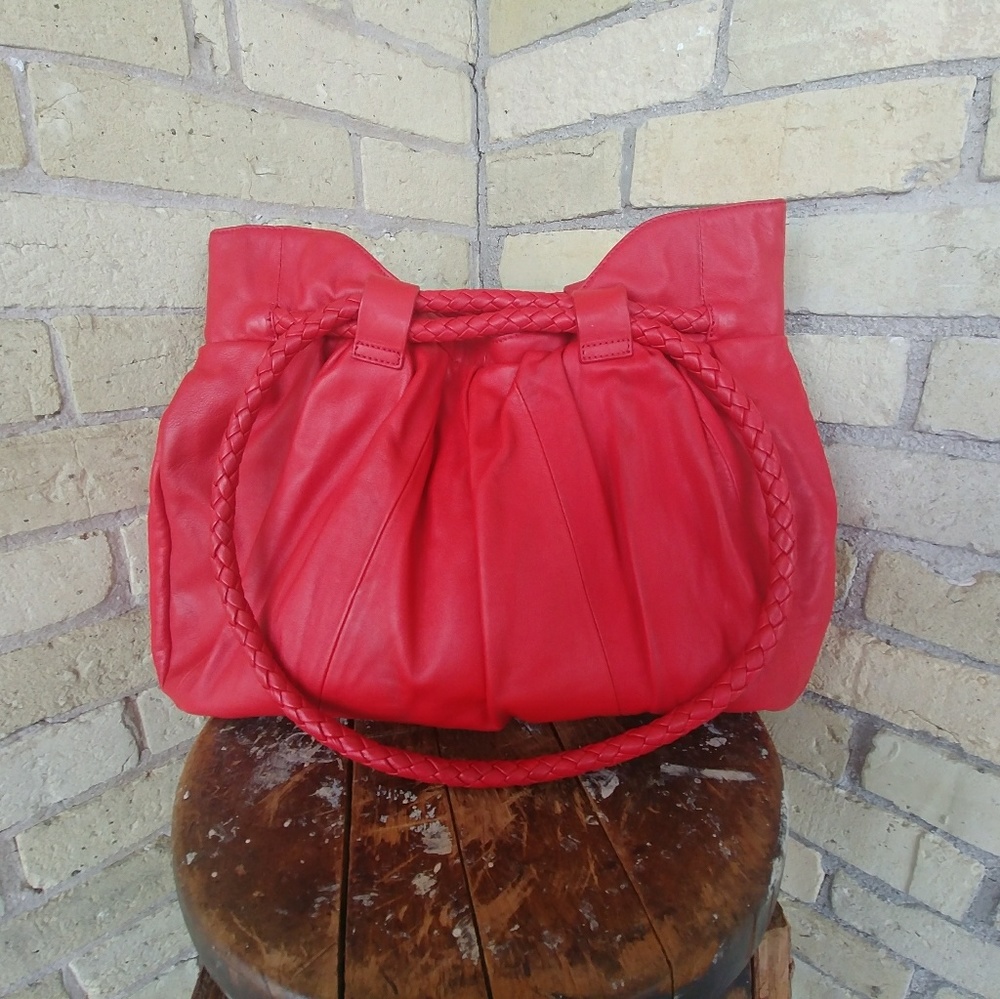 Slouchy Red Leather Bag with Braided Handles